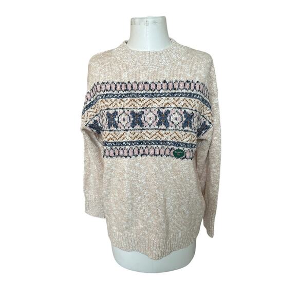 NEW L.L. Bean Cotton Ragg Crewneck Fair Isle Sweater in Tan sz XL Gorpcore Cozy - Picture 1 of 13